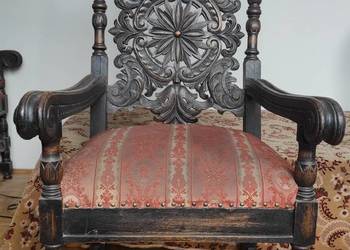 Fotel neorenesansowy – bogato rzeźbiony tron, dąb, antyk, przełomu XIX i XX