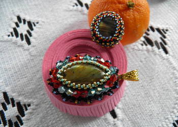 Pierścionek, zawieszka, labradoryt, beading