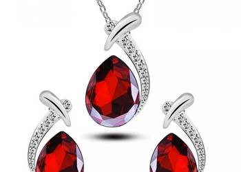 omplet biżuterii naszyjnik kolczyki czerwone łezki srebrny kolor