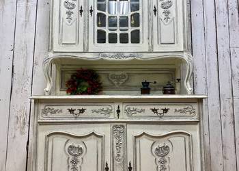 Kredens Ludwik XV, Rocaille biały odnowiony witryna bufet vintage antyk