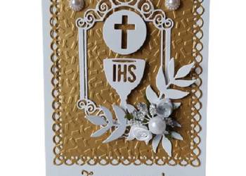 ZAPROSZENIA KOMUNIA UNIWERSALNE KIELICH Z HOSTIĄ RAMKIA OZDOBNA – B6 – ZŁO