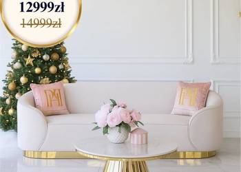 Ekskluzywna beżowa złota sofa glamour do salonu 3 os. na złotej nodze