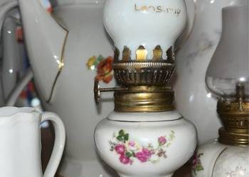 Lampa, porcelana, szkło. Miniaturka. Z knotem.