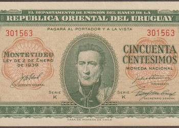 URUGWAJ 50 CENTESIMOS 1939  - STAN BANKOWY UNC -