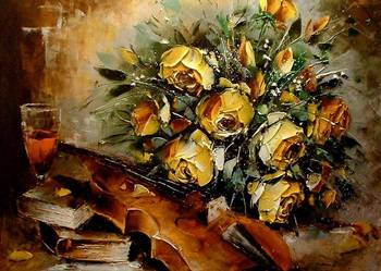 Kowalik - Skrzypce i róże - 60x50cm Obraz Olejny Szpachelka Martwa Natura