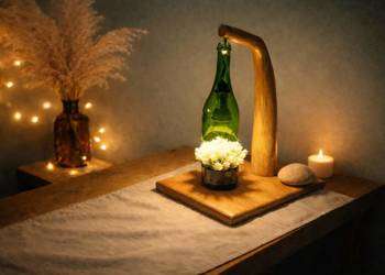 Ręcznie robiona eko lampa z drewna i butelki. „Drugie życie światła”