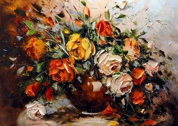 Kowalik - Róże - 60x50cm Obraz Olejny Martwa Natura Szpachelka Faktura