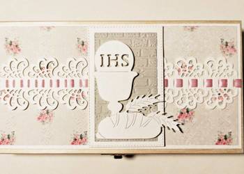 Drewniane pudełko komunijne/Pamiątka Pierwszej Komunii Św./Kartka komunijna