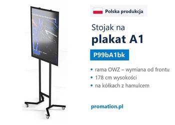Mobilny czarny stojak na plakat A1 OWZ na kółkach do salonu i sklepu