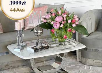 Stolik kawowy srebrny glamour do salonu z białym blatem