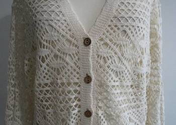 Bluzka Kardigan Szydełkowa Ażurowa Drewniane Guziki Modny Mleczny Kolor L/X
