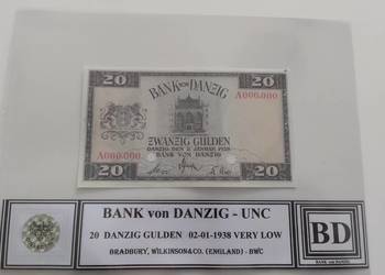 WOLNE MIASTO GDAŃSK 20 gulden 1938 UNC seria A000,000 BANK von DANZIG