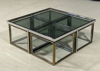 Zestaw stolików kawowych 5w1, mosiądz i szkło, design vintage lata 70.