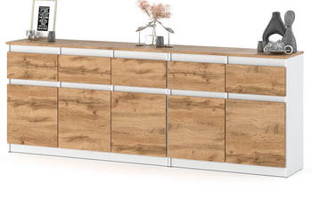 Komoda Do Salonu Sypialni Nowoczesna 200cm 5 Szuflad Biała Mat Dąb Wotan