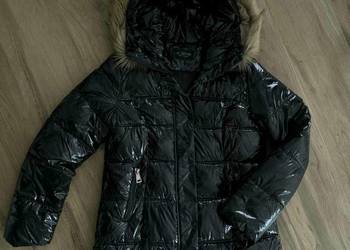 Czarna zimowa kurtka puffer lakierowana futro kaptur jak nowa 38/40 M L XL