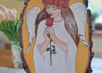 Obraz malowany ręcznie na plastrze brzozy/Anioł z różą