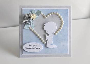 Kartka ręcznie robiona Komunia Święta handmade niebieska ch