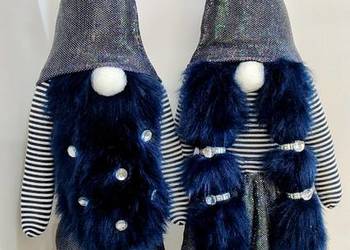 Skrzaty świąteczne krasnale gnomy para srebrny biały granatowy Glamour