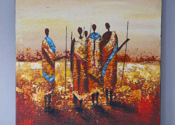 Afrykański obraz z Tanzanii na nim Masaje w tradycyjnych strojach 60x60 cm.
