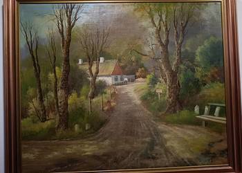 Stary, duży obraz olejny na płótnie w ramie