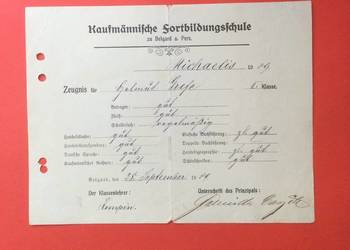 ( 1814 ) Niem.Świadectwo Komercyjnej Szk. Białogard, Grefe