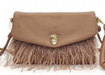 Elegancka Torebka Listonoszka Kopertówka z Piórkami Duża 2w1 Stylowa Camel