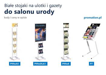 Białe stojaki na ulotki i gazety do salonu fryzjerskiego i kosmetycznego