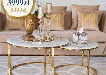 Zestaw Stolików Kawowych MARCO GOLD 2w1 Złoty Biały Marmur Glamour