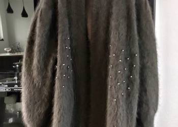 Maxi długi sweter cardigan 80 wełna angora gorzka czekolada z perełkami