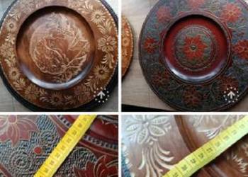 Dwa stare drewniane talerze 1szuka,twarz kobiety i drewno z miedzią prl