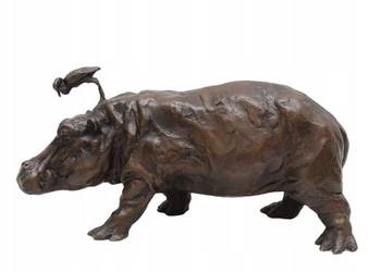 HIPOPOTAM Z PTASZKIEM duża figura z brązu - Masywna Rzeźba Prezent