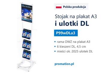 Biały stojak na ulotki DL z ramą A3 do biura i przychodni firmowej