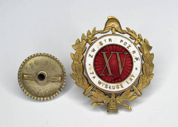 Odznaka straży pożarnej za wysługę XV lat. ZW.STR.POŻ.R.P. 1933 r.