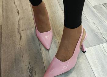 (39) Różowe cukierkowe czółenka szpilki wieczorowe z odkrytą piętą, NOWE