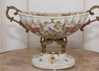 Fioletowao Rózowa Patera Stojąca z Łabędziami - Porcelana + Brąz - Kwiaty