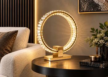 Lampa stołowa kryształowa, ring, złota, lampa nocna glamour, nowoczesna