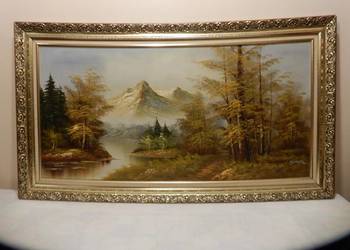 Duży Obraz Olejny GÓRY JEZIORO 116x60 Vintage w Złotej Ramie - Sygn. Simon
