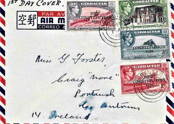 GIBRALTAR 1950 FDC-koperta lotnicza! GRATIS WYSYŁKA!