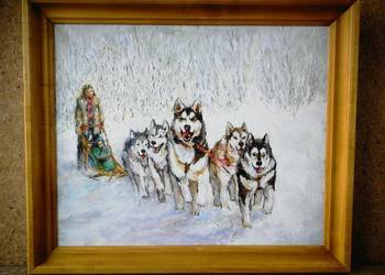 Sprzedam Olejny obraz olejny na płótnie Zaprzęg Husky