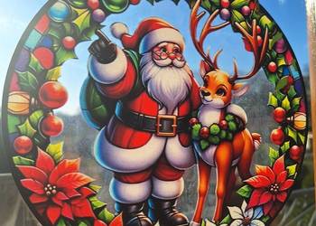 Witraż świąteczny na okno szybę dekoracja ozdoba okienna mikołaj Nowa