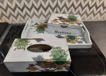 Komplet lawenda taca herbaciarka chustecznik decoupage
