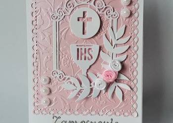 Zaproszenia Komunia Dziewczynka Kielich Z Hostią Ramka Ozdobna – B6 – Róż P