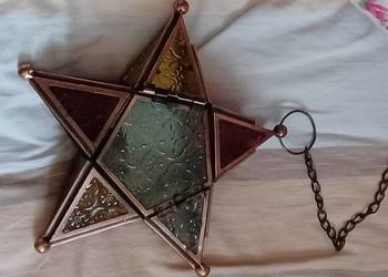 LAMPION ZABYTKOWY SZKLO MIEDŻ LAŃCUCH METAL -NA PODGRZEWACZ