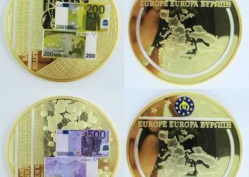 GIGANT 2 x Medal Moneta Banknot 200,500 Euro Złoto Kapsel 70
