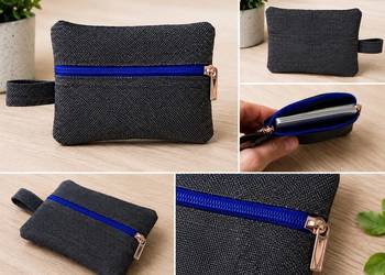Ręcznie szyta saszetka / etui 12 × 8 cm – czarna z niebieskim zamkiem