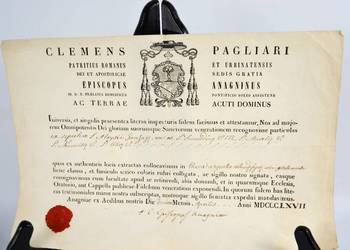 Certyfikat relikwii z 1867r wystawił Biskup Pagliari Anagnia