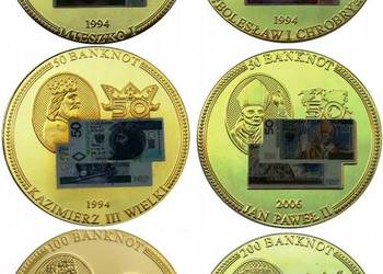 6 x Moneta Medal Banknot 10 Mieszko 20 Chrobry 100 Jagiełło Zygmunt 50 mm