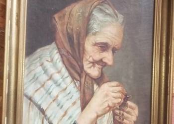 Stary polski obraz Staruszka odmawiającą pacierz olej na płótnie, XIXw. Ory