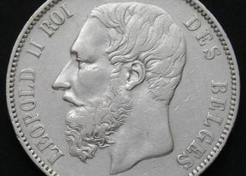 BELGIA 5 FRANKÓW 1875 - KRÓL LEOPOLD II KOBURG  - SREBRO