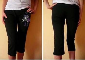 Czarne rybaczki ze wzorem, spodnie m 38 wzór aplikacja napis